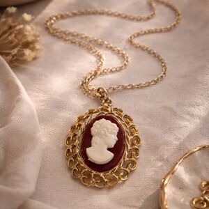 Elegant Gold and Red Cameo Pendant Necklace